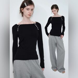 Cute Black Knit Long Sleeve Top with Button Detail